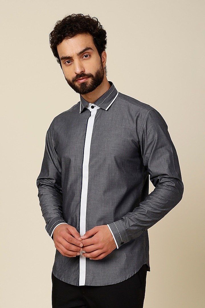Grey Cotton Party Wear Shirt by H2O at Pernia's Pop Up Shop