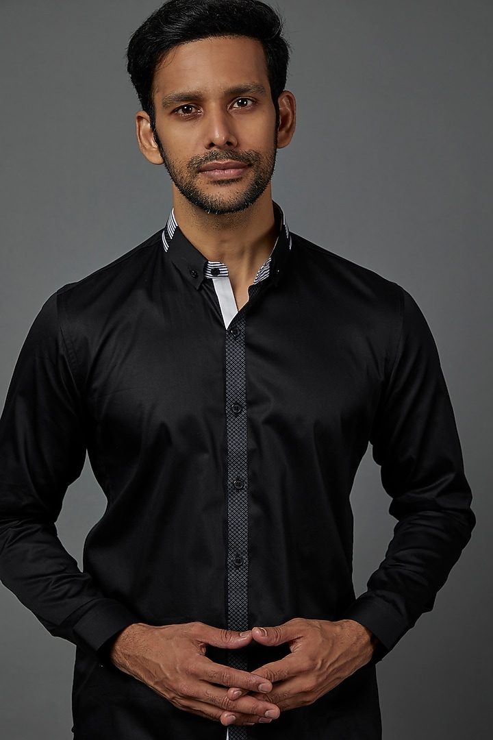 Black Cotton Striped Party Wear Shirt by H2O at Pernia's Pop Up Shop