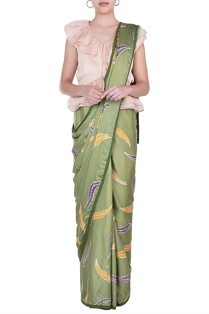 Green Hand Painted Party Wear Saree Set by House of Tamarind at Pernia's Pop Up Shop
