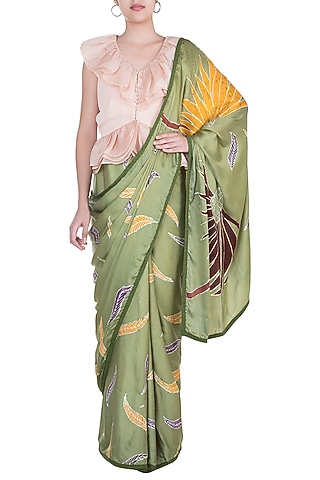 Green Hand Painted Saree Set by House of Tamarind