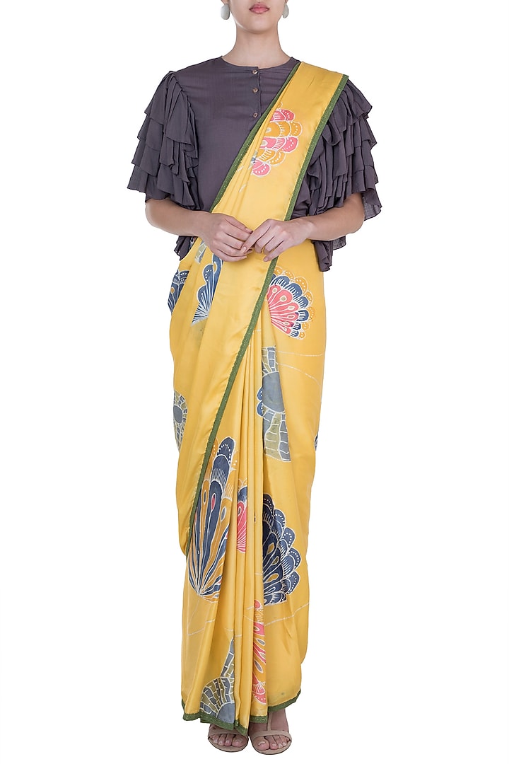 Yellow Hand Painted Party Wear Saree Set by House of Tamarind at Pernia's Pop Up Shop