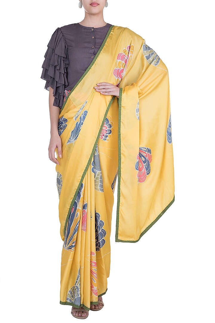 Yellow Hand Painted Party Wear Saree Set by House of Tamarind at Pernia's Pop Up Shop