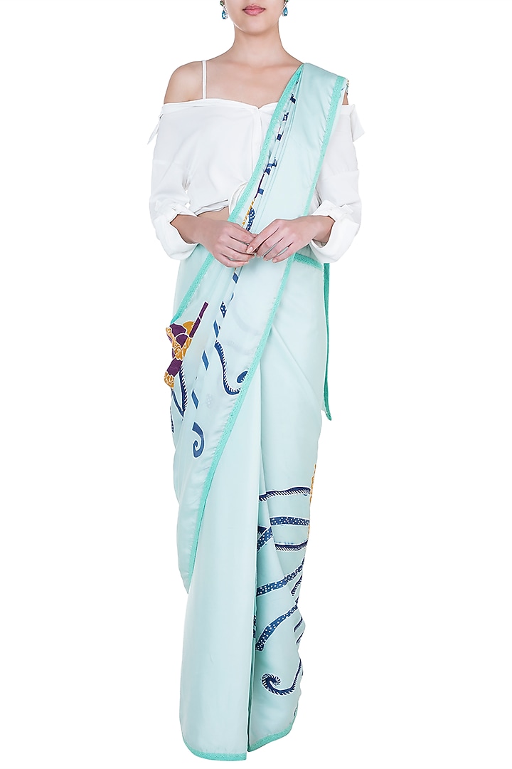 Aqua Blue Hand Painted Party Wear Saree Set by House of Tamarind at Pernia's Pop Up Shop