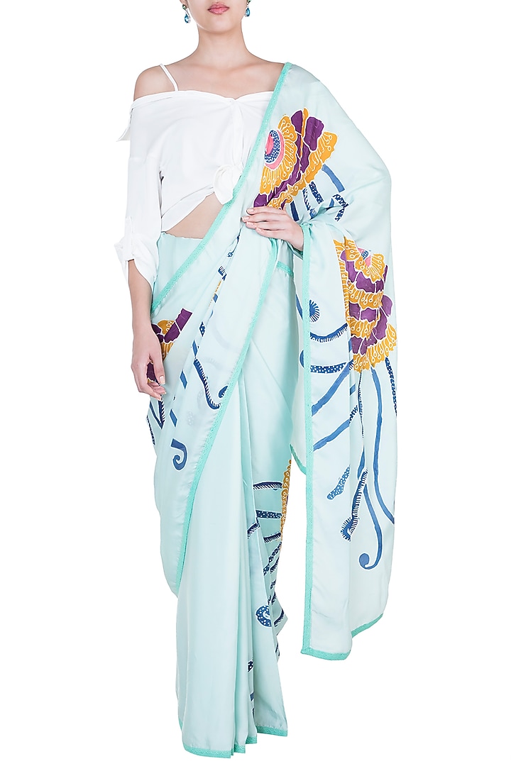 Aqua Blue Hand Painted Party Wear Saree Set by House of Tamarind at Pernia's Pop Up Shop