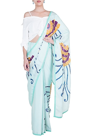 Aqua Blue Hand Painted Saree Set by House of Tamarind