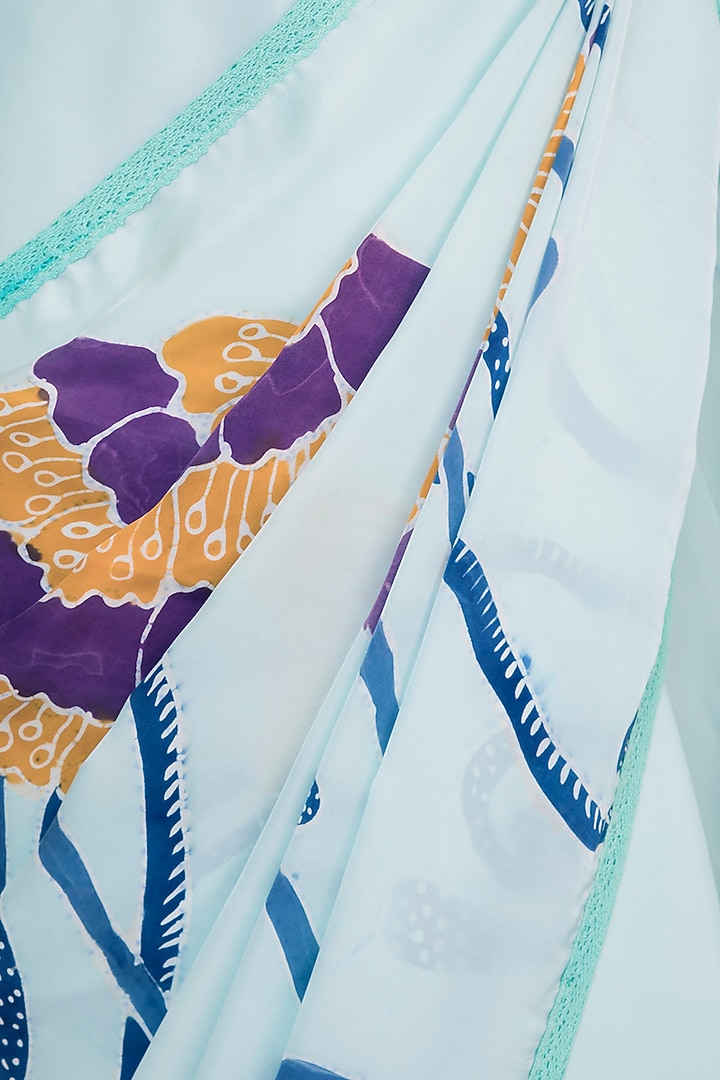 Aqua Blue Hand Painted Party Wear Saree Set by House of Tamarind at Pernia's Pop Up Shop