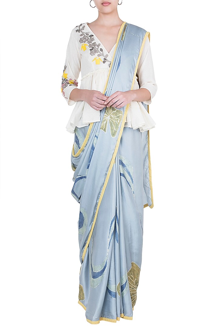 Greyish Blue Hand Painted Party Wear Saree Set by House of Tamarind at Pernia's Pop Up Shop
