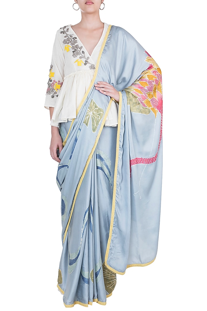Greyish Blue Hand Painted Party Wear Saree Set by House of Tamarind at Pernia's Pop Up Shop
