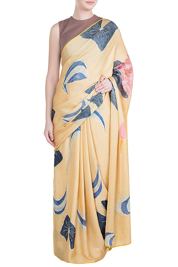 Mustard Hand Painted Lace Party Wear Saree Set by House of Tamarind at Pernia's Pop Up Shop