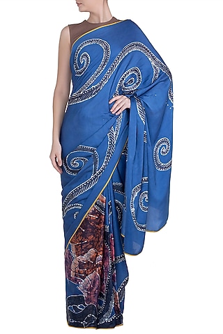 Blue Hand Painted Lace Saree Set by House of Tamarind