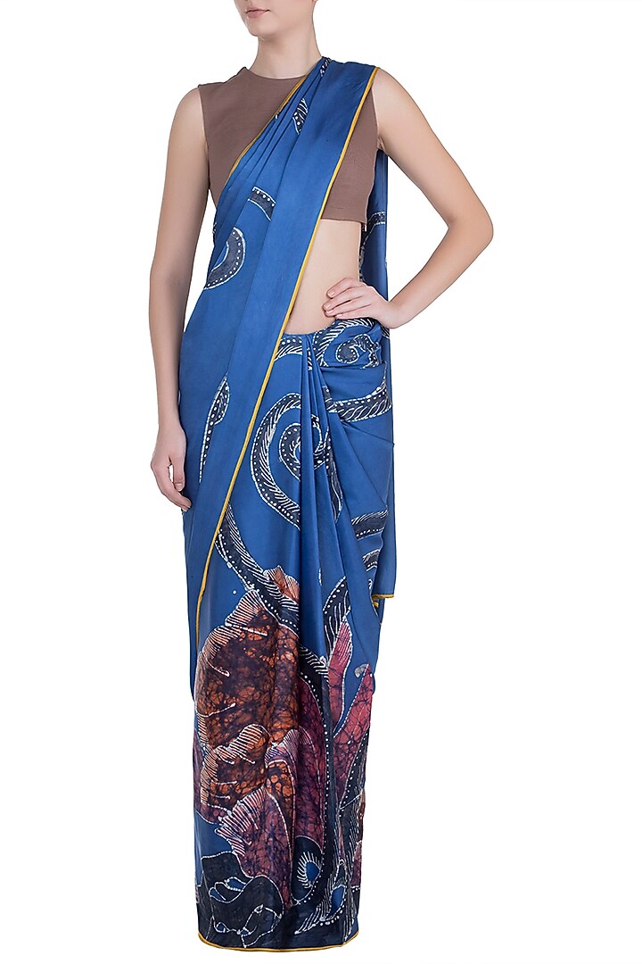 Blue Hand Painted Lace Party Wear Saree Set by House of Tamarind at Pernia's Pop Up Shop