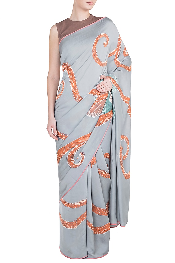 Greyish Hand Painted Lace Party Wear Saree Set by House of Tamarind at Pernia's Pop Up Shop