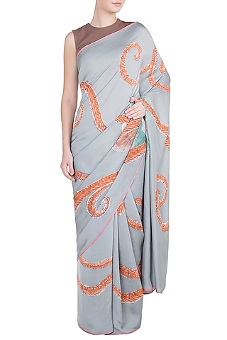 Greyish Hand Painted Lace Saree Set by House of Tamarind