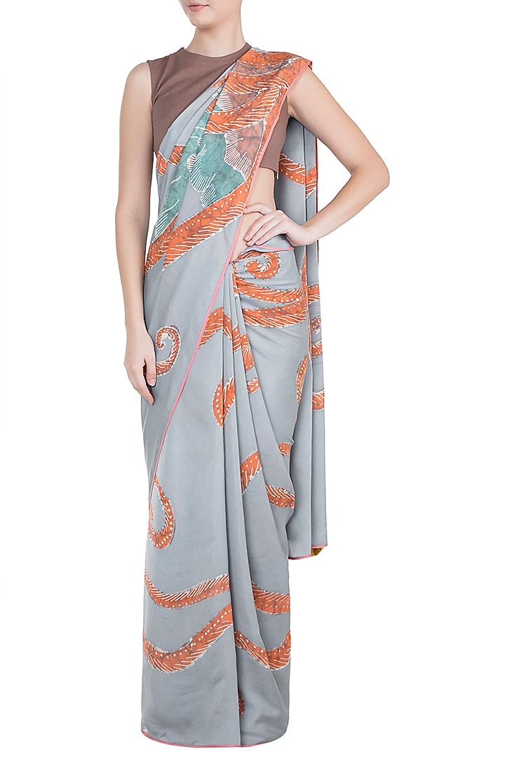 Greyish Hand Painted Lace Party Wear Saree Set by House of Tamarind at Pernia's Pop Up Shop
