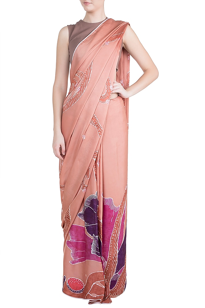 Peach Hand Painted Lace Party Wear Saree Set by House of Tamarind at Pernia's Pop Up Shop