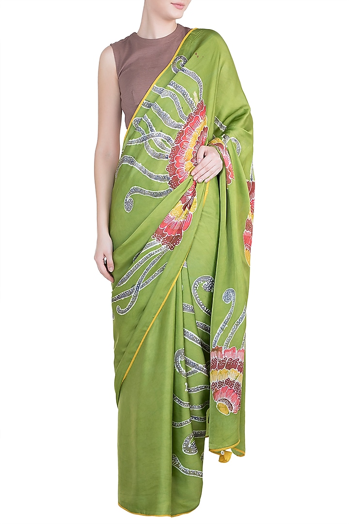 Green Hand Painted Lace Party Wear Saree Set by House of Tamarind at Pernia's Pop Up Shop