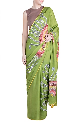 Green Hand Painted Lace Saree Set by House of Tamarind