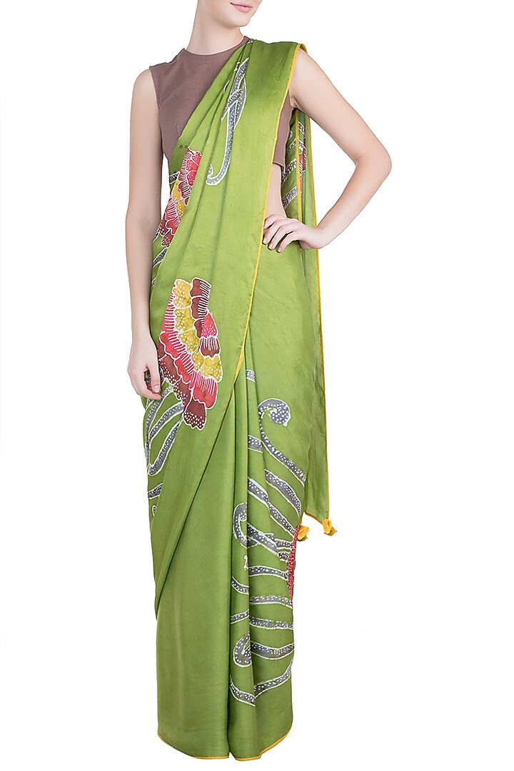 Green Hand Painted Lace Party Wear Saree Set by House of Tamarind at Pernia's Pop Up Shop