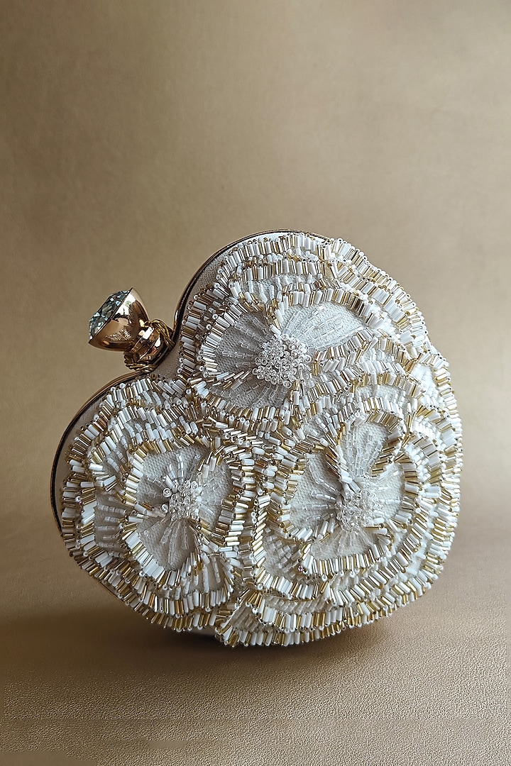White Suede & Tulle Hand Embellished Clutch by PLODE