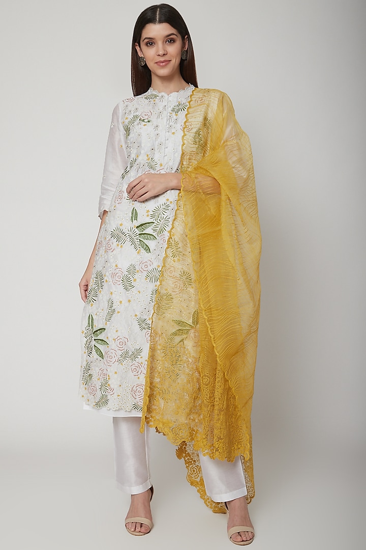 White & Yellow Silk Chanderi Embroidered Kurta Set by Lavender