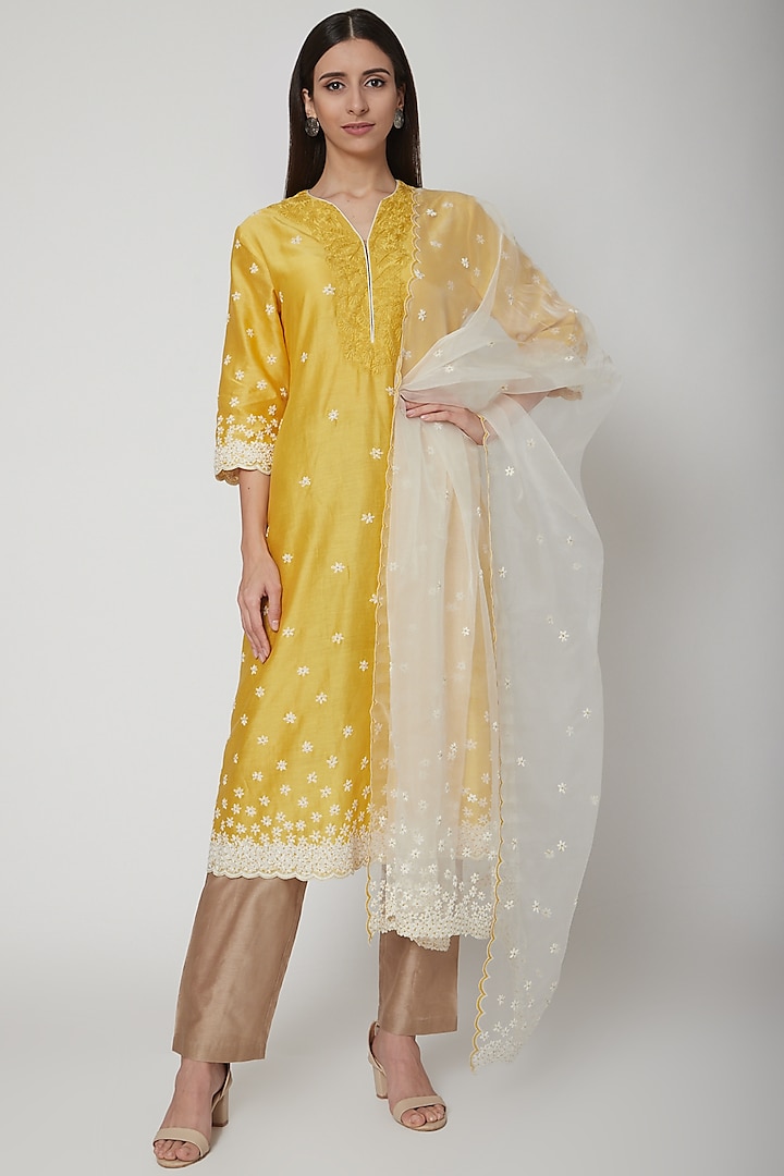 Yellow Embroidered Kurta Set by Lavender