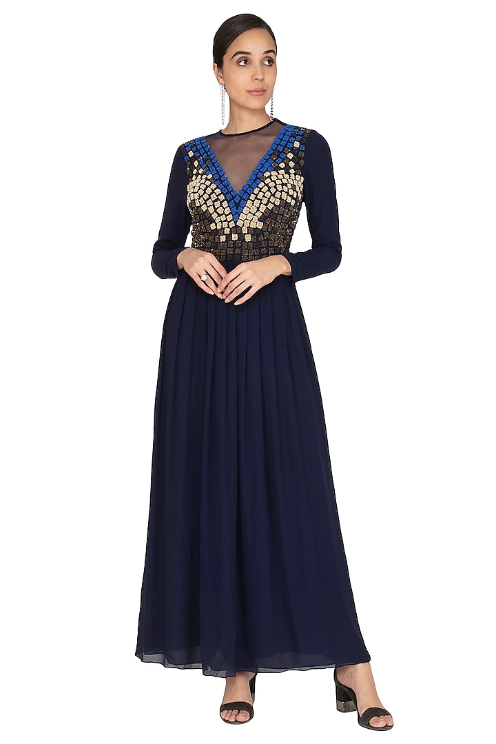Navy Blue Embroidered Gown by Lavender