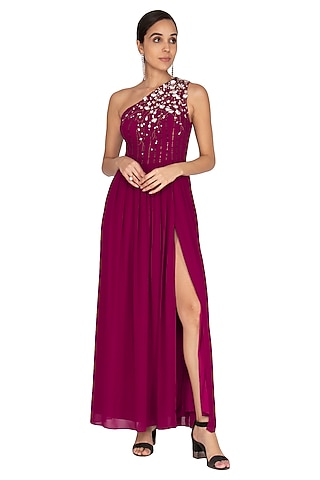 Wine Floral Embroidered Gown by Lavender