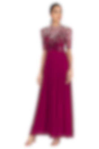 Wine Sequins Embroidered Gown by Lavender