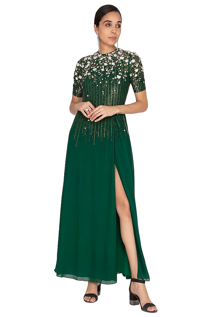 Emerald Green Embroidered Gown by Lavender