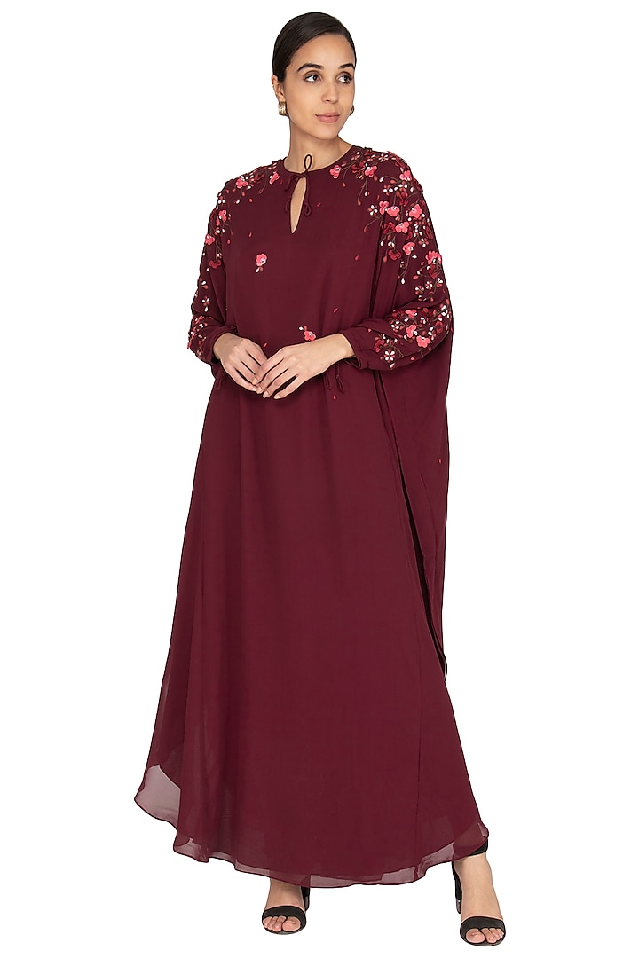 Wine Embroidered Kaftan Gown by Lavender