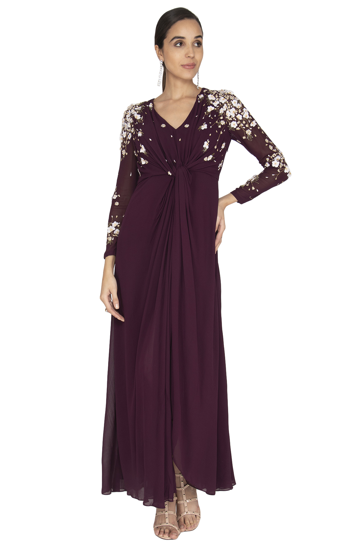 Wine Hand Embroidered Knotted Gown by Lavender