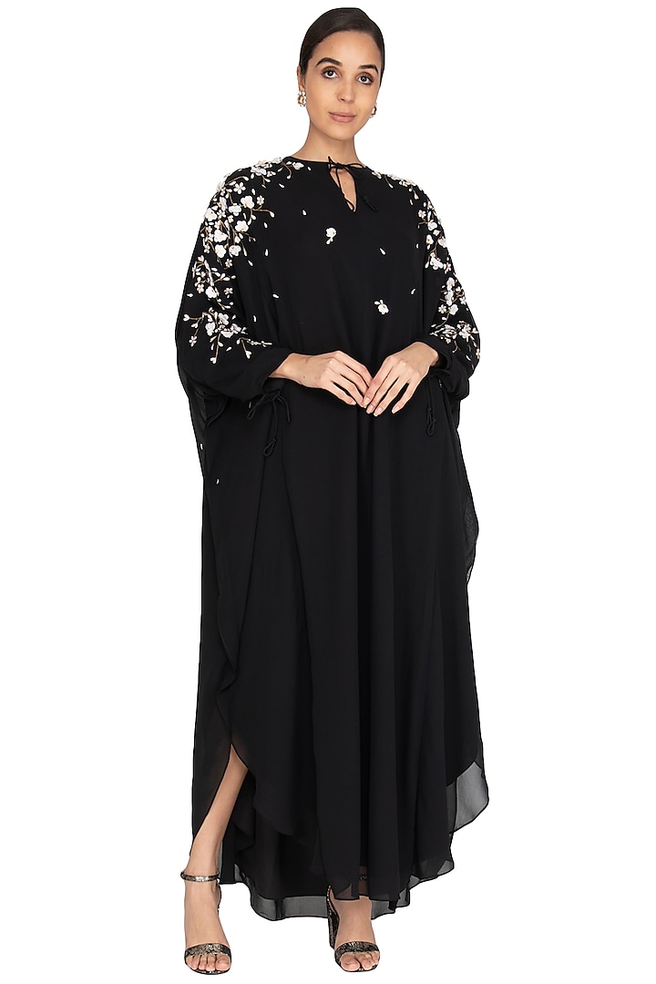 Black Embroidered Kaftan Gown by Lavender