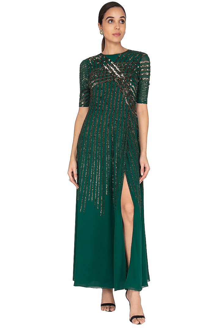 Emerald Green Sequins Embroidered Gown by Lavender