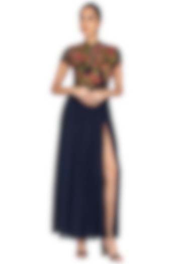 Navy Blue Embroidered Gown With Belt by Lavender