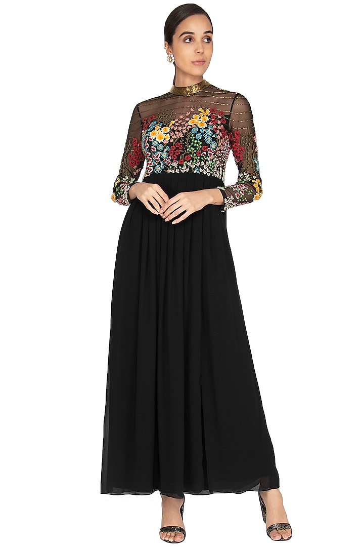 Black Embroidered Pleated Gown by Lavender