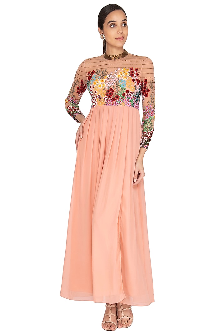 Powder Pink Embroidered Pleated Gown by Lavender