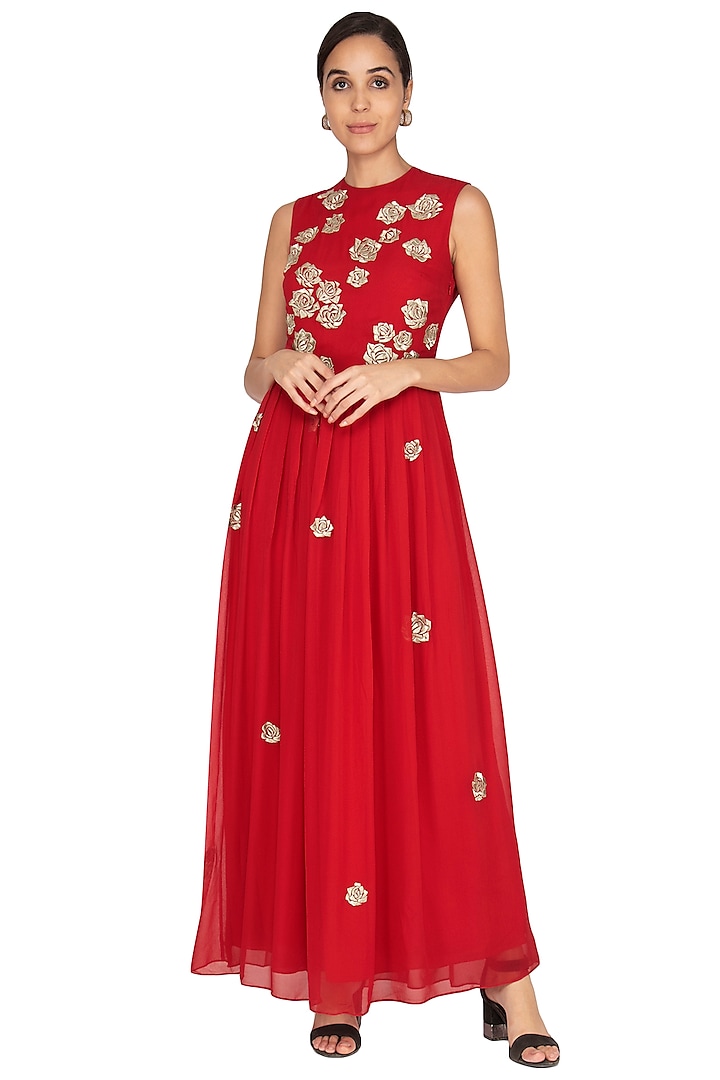 Red Embroidered Maxi Dress by Lavender