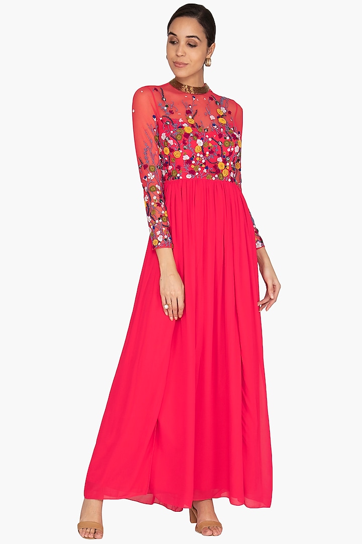 Hot Pink Embroidered Gown by Lavender