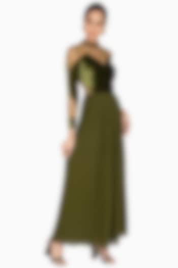 Green Embellished Pleated Gown by Lavender