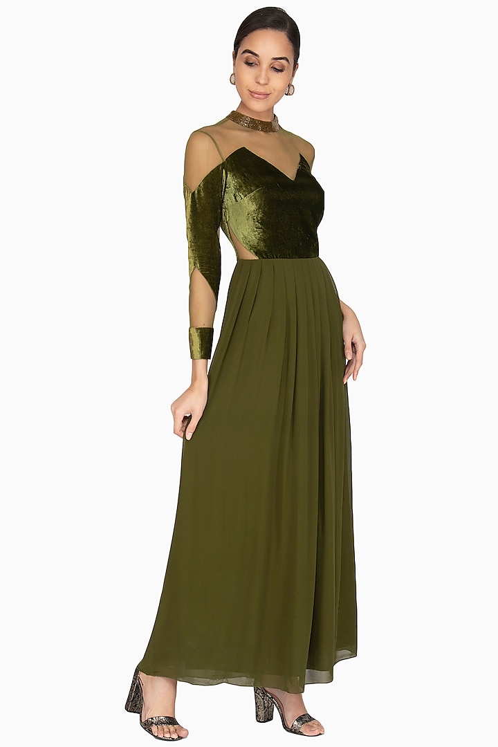Green Embellished Pleated Gown by Lavender