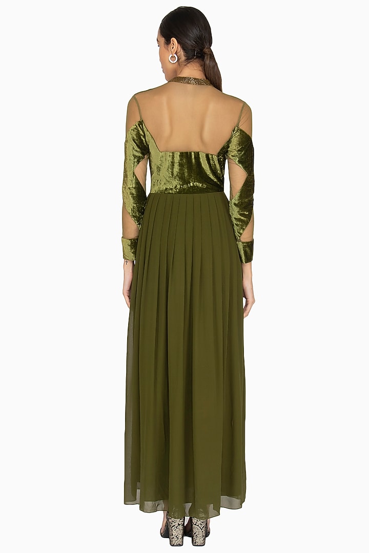 Green Embellished Pleated Gown by Lavender at Pernia's Pop Up Shop