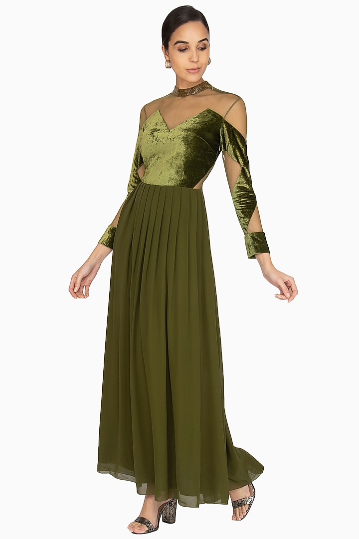 Green Embellished Pleated Gown by Lavender at Pernia's Pop Up Shop
