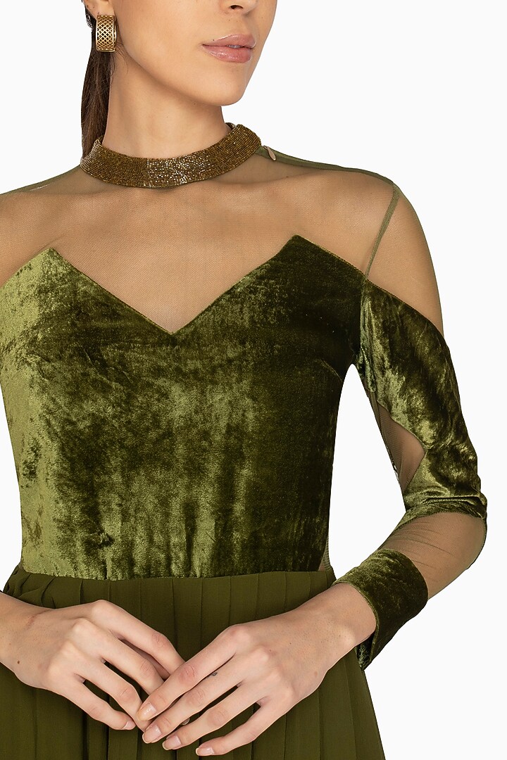 Green Embellished Pleated Gown by Lavender at Pernia's Pop Up Shop