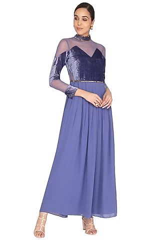 Moss Embellished Pleated Gown by Lavender