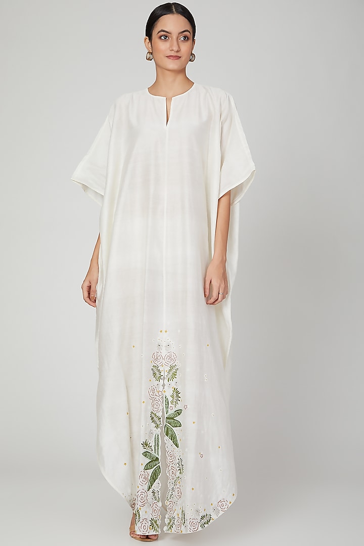 White Embroidered Silk Kaftan by Lavender