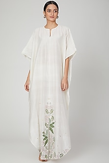 White Embroidered Silk Kaftan by Lavender-SUMMER WHITES