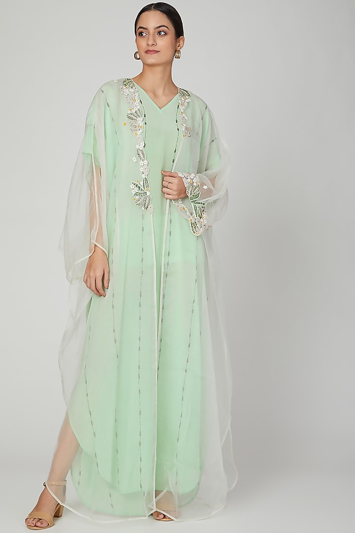 Mint Embroidered Kaftan With Dress by Lavender