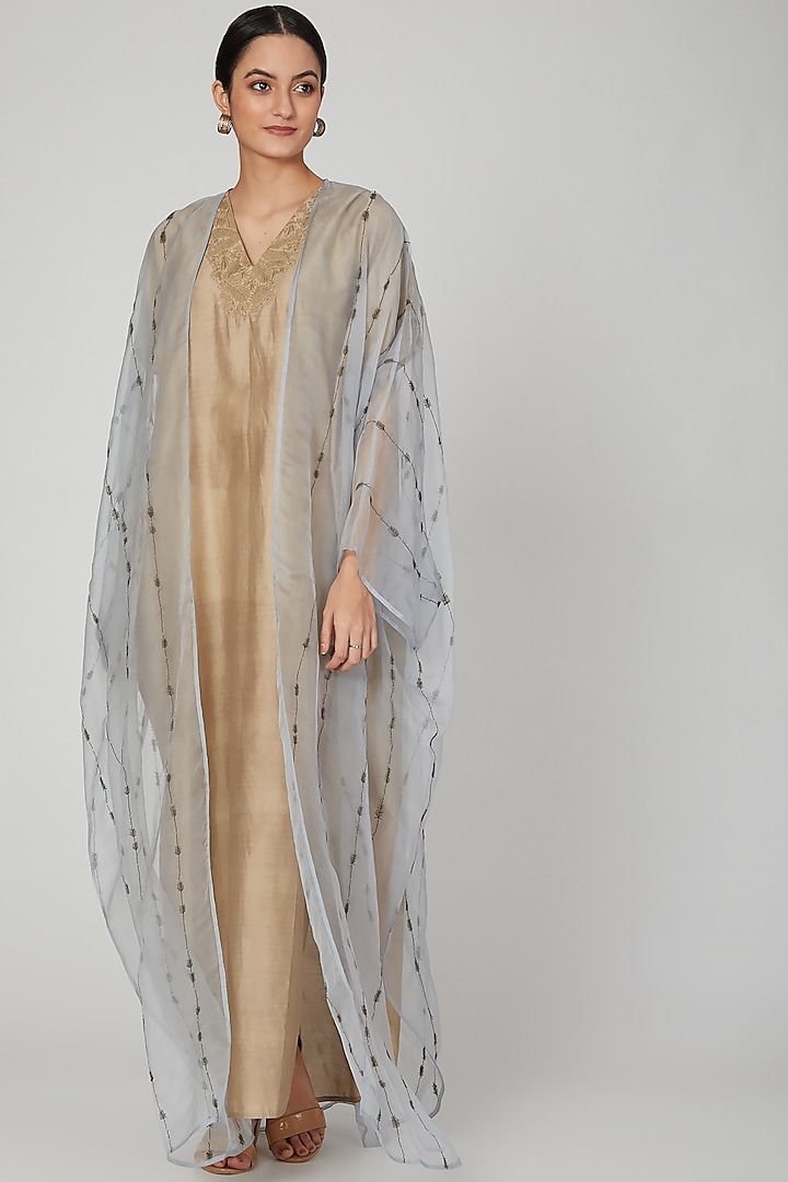 Beige Embroidered Kaftan With Dress by Lavender