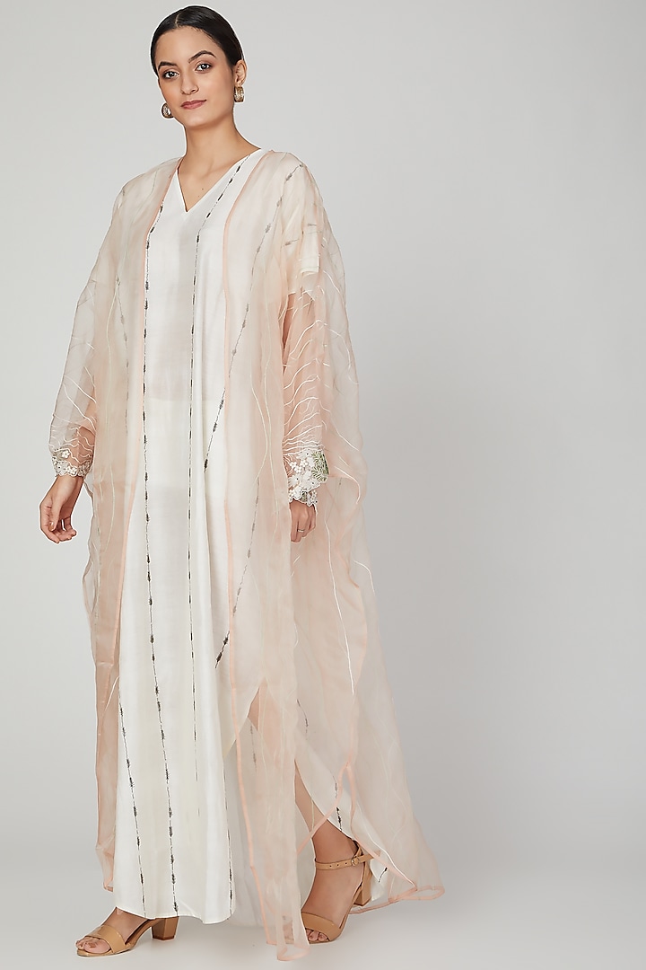 White Embroidered Kaftan With Dress by Lavender