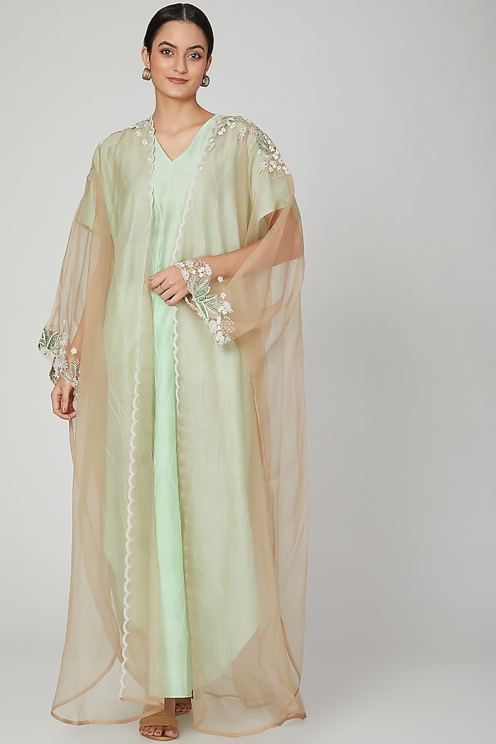 Mint Jaal Embroidered Kaftan With Dress by Lavender